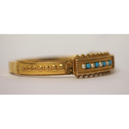 560 - Victorian 15ct bloomed gold turquoise and split pearl panel bracelet, hallmarked with snap clasp and... 