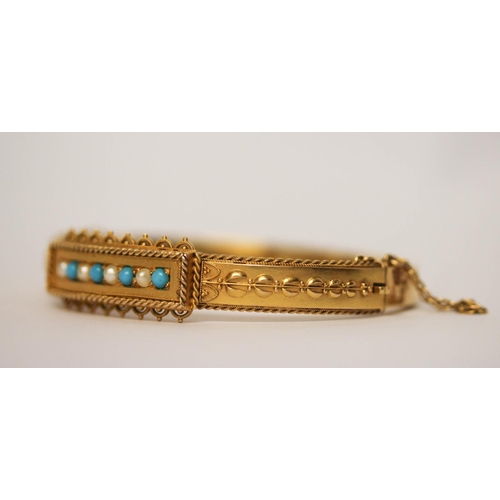 560 - Victorian 15ct bloomed gold turquoise and split pearl panel bracelet, hallmarked with snap clasp and... 