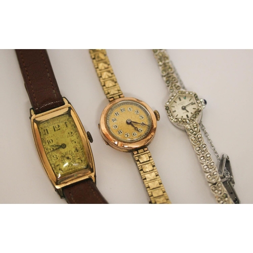 589 - Vintage watches - ladies marcasite dress watch, a gold cased ladies watch and a vintage gent's tank ... 