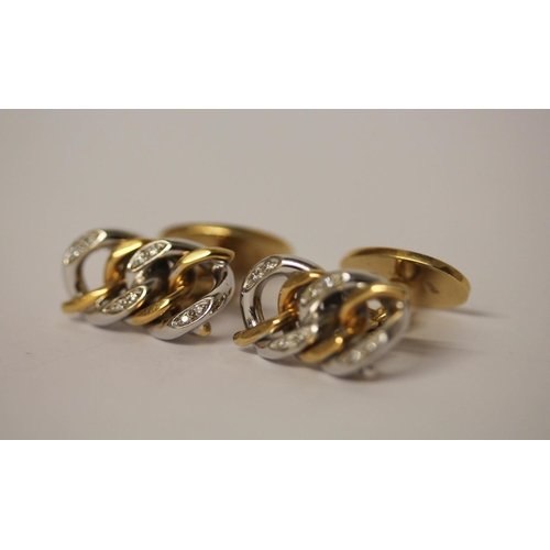 603 - A pair of gent's 18ct bi-colour gold and diamond set cuff links, matching preceding lots. Marked 18c... 