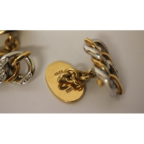 603 - A pair of gent's 18ct bi-colour gold and diamond set cuff links, matching preceding lots. Marked 18c... 