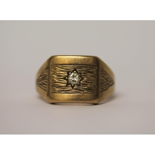 605 - A gent's 9ct gold and diamond set signet ring, hallmarked 9ct gold , ring size V, weight 14.7 grams