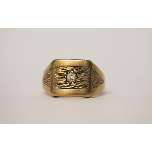 605 - A gent's 9ct gold and diamond set signet ring, hallmarked 9ct gold , ring size V, weight 14.7 grams