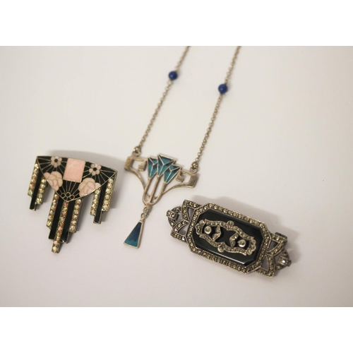 626 - Art Deco enamel and paste brooch, marcasite brooch and a silver and enamel Art Nouveau style pendant... 