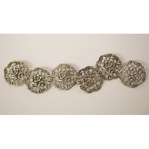 629 - Set of six Edwardian hallmarked silver floral design pierced buttons, hallmarked Chester 1902.