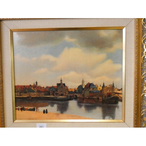 303 - Gilt framed oil on canvas of a Dutch river and town scene, 13 1/2