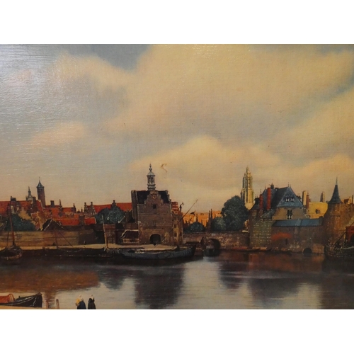 303 - Gilt framed oil on canvas of a Dutch river and town scene, 13 1/2