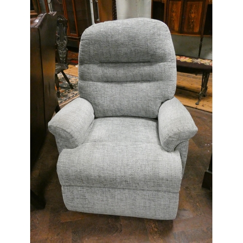 391 - A pair of modern HSL reclining easy chairs in duck egg blue patterned covering with matching footsto... 