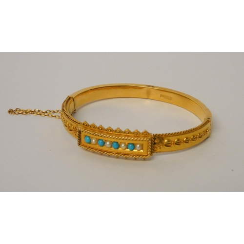 560 - Victorian 15ct bloomed gold turquoise and split pearl panel bracelet, hallmarked with snap clasp and... 