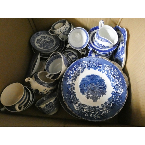 350 - Two large boxes of blue and white china tea and dinner service, owl ornaments, glass, china, elephan... 