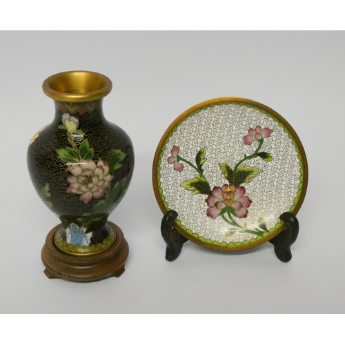 154 - A miniature Chinese cloisonné plate on stand and a miniature vase on hardwood stand. Vase 12.5cms ta... 