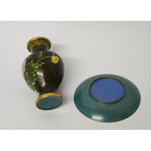 154 - A miniature Chinese cloisonné plate on stand and a miniature vase on hardwood stand. Vase 12.5cms ta... 