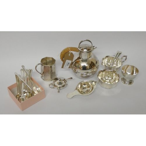 158 - Silver plate - an Arts & Crafts water jug, christening tankard, spoons , tea strainer and stand etc