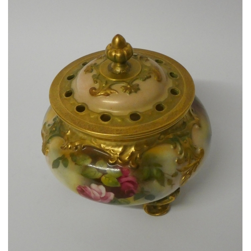 159 - Royal Worcester blush ivory pot pourri and cover. Decorated with roses, finial has had repair. 12.5 ... 