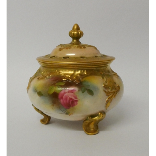 159 - Royal Worcester blush ivory pot pourri and cover. Decorated with roses, finial has had repair. 12.5 ... 