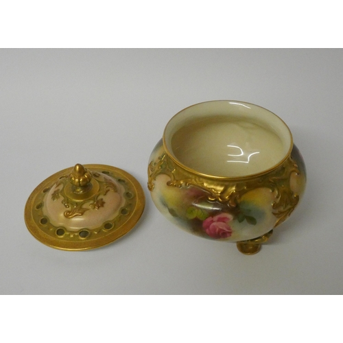 159 - Royal Worcester blush ivory pot pourri and cover. Decorated with roses, finial has had repair. 12.5 ... 