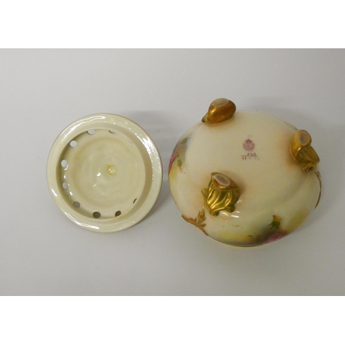 159 - Royal Worcester blush ivory pot pourri and cover. Decorated with roses, finial has had repair. 12.5 ... 