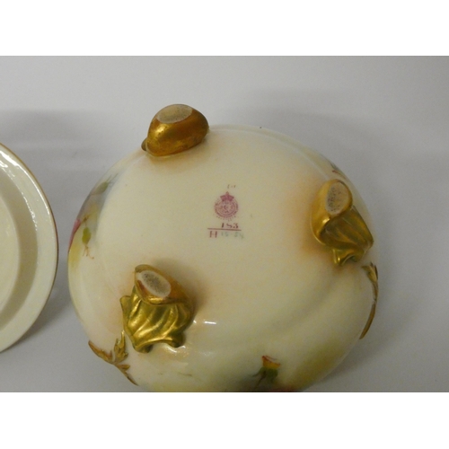 159 - Royal Worcester blush ivory pot pourri and cover. Decorated with roses, finial has had repair. 12.5 ... 