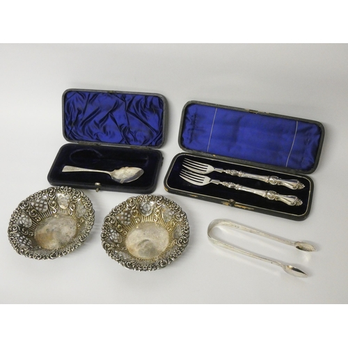 501 - A pair of Edwardian silver pierced bon-bon dishes, Birmingham 1902, a silver jam spoon, pair of silv... 