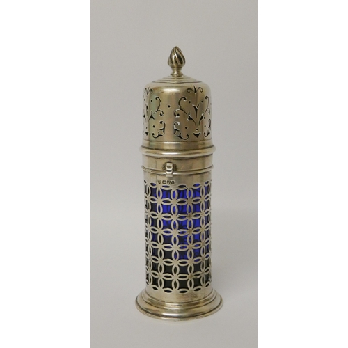 502 - Edwardian silver sugar caster, the cylindrical pierced body with blue glass liner, Haseler Brothers,... 