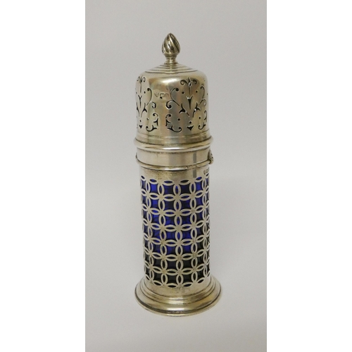 502 - Edwardian silver sugar caster, the cylindrical pierced body with blue glass liner, Haseler Brothers,... 