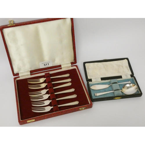 511 - A cased set of six silver pastry forks and a jam spoon and butter knife in case. Weight 4.6 troy oun... 