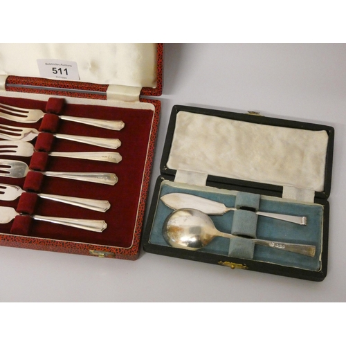 511 - A cased set of six silver pastry forks and a jam spoon and butter knife in case. Weight 4.6 troy oun... 