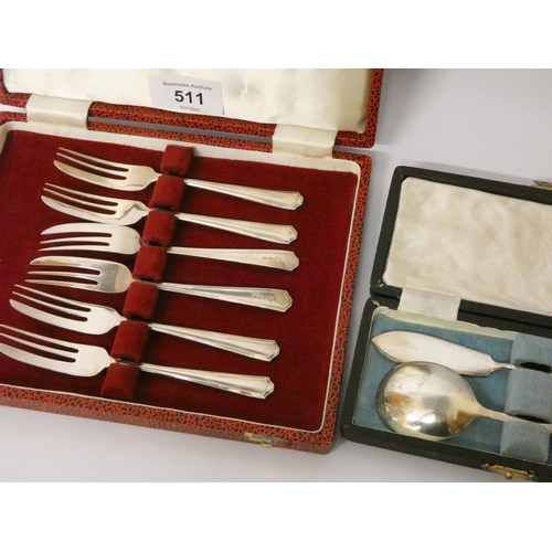 511 - A cased set of six silver pastry forks and a jam spoon and butter knife in case. Weight 4.6 troy oun... 