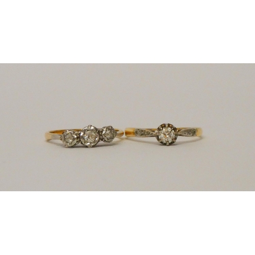 446 - Two vintage 18ct gold and platinum mounted diamond rings, three stone size N, single stone size P, g... 