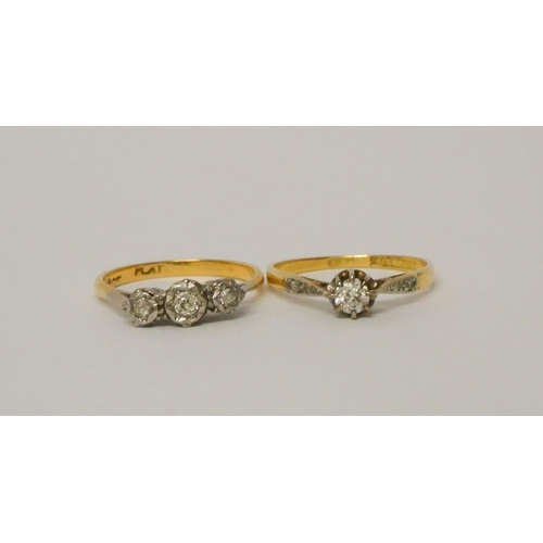 446 - Two vintage 18ct gold and platinum mounted diamond rings, three stone size N, single stone size P, g... 