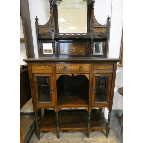 1 - An Edwardian inlaid rosewood display cabinet with mirror and shelf back, drawers, glazed cupboards u... 