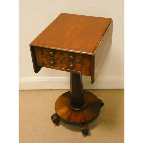 59 - Victorian mahogany drop leaf teapoy or occasional table fitted two drawers, standing on a pillar and... 