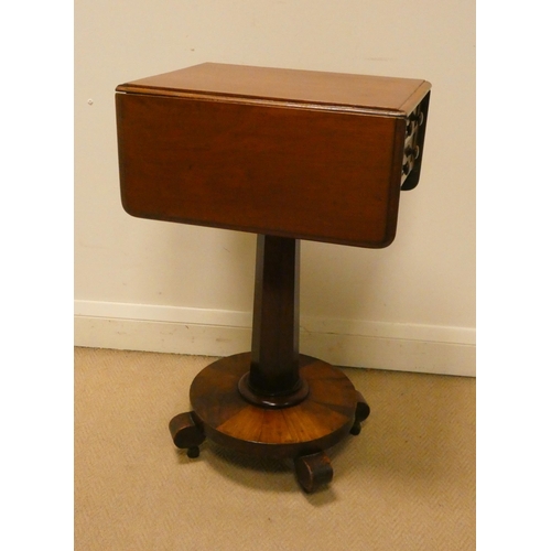 59 - Victorian mahogany drop leaf teapoy or occasional table fitted two drawers, standing on a pillar and... 