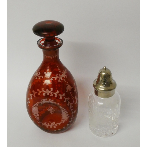 164 - A 19th century dimple ruby glass etched decanter and stopper and a cut glass silver plated mounted s... 