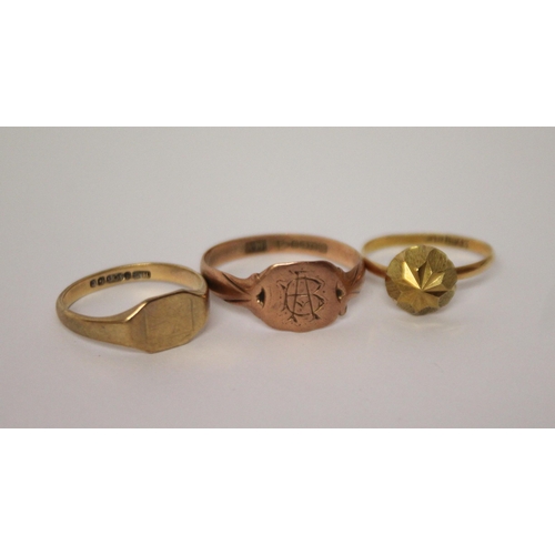 413 - A 9ct Rose gold signet ring, 9ct yellow gold signet ring with vacant cartouche and a Spanish ring ma... 