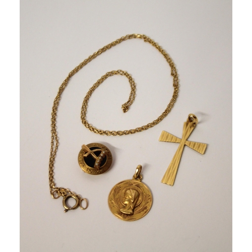 425 - 9ct gold - a badge, cross pendant on fine chain and a circular Our Lady pendant, 10.6 grams