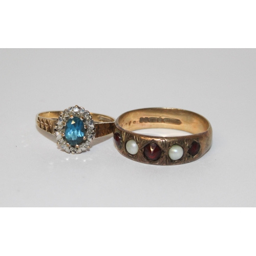 443 - Blue topaz and diamond cluster ring on 9ct gold band, size L and a 9ct rose gold garnet and pearl ba... 