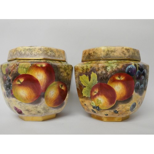 165 - A pair of Litherland Art Fine Bone China hand painted octagonal bodied ginger jars and covers, finel... 