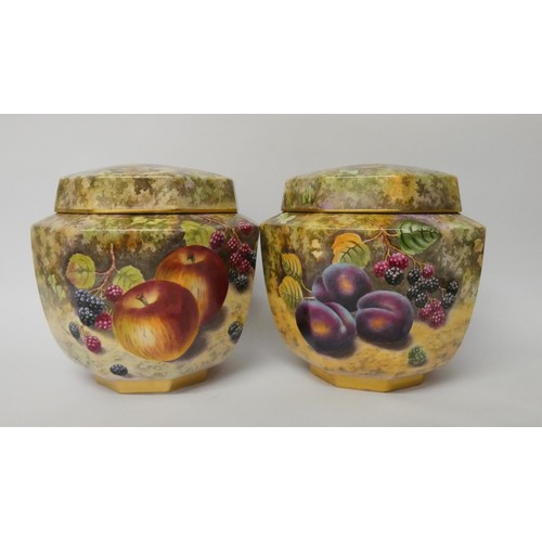 165 - A pair of Litherland Art Fine Bone China hand painted octagonal bodied ginger jars and covers, finel... 