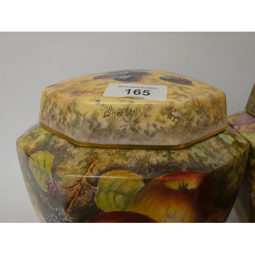 165 - A pair of Litherland Art Fine Bone China hand painted octagonal bodied ginger jars and covers, finel... 