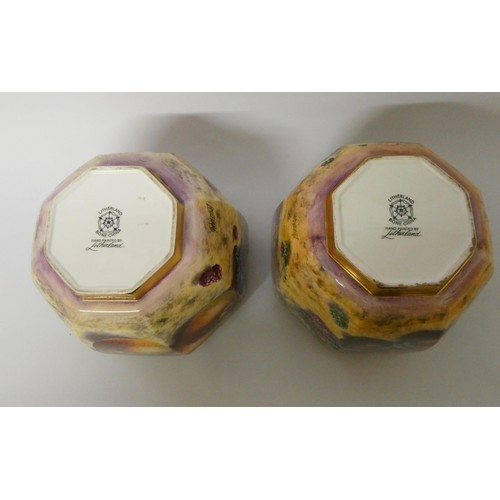 165 - A pair of Litherland Art Fine Bone China hand painted octagonal bodied ginger jars and covers, finel... 