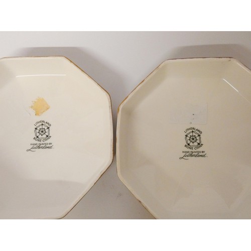 165 - A pair of Litherland Art Fine Bone China hand painted octagonal bodied ginger jars and covers, finel... 