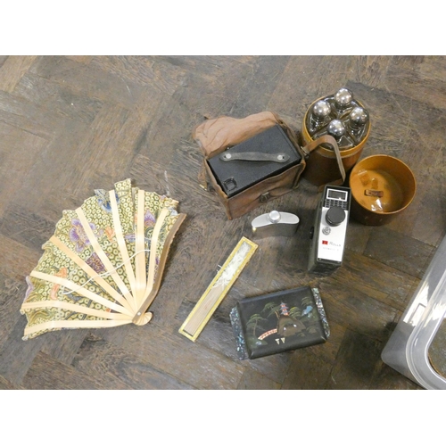 102 - Various old cameras, binoculars, drinking flasks, tea cosy doll and other sundries