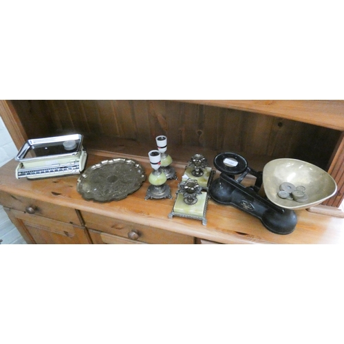 109 - Two sets of kitchen scales, pair of onyx and brass table lamps, a pair of candle holders and a tray