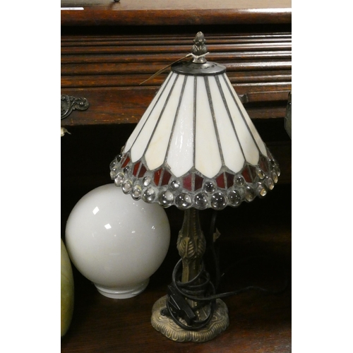 123 - A small Tiffany style electric table lamp and a white glass bowl shade