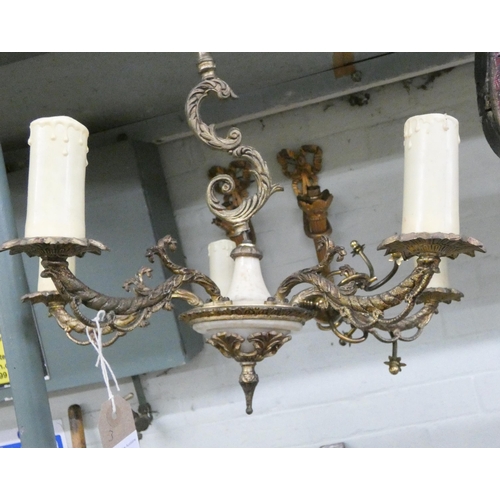 132 - A five branch gilt electric light pendant and a pair of wall lights in gilt frames