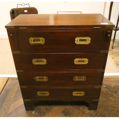 93 - A military style bachelors chest, fold over top,  fitted four drawers with recessed brass handles