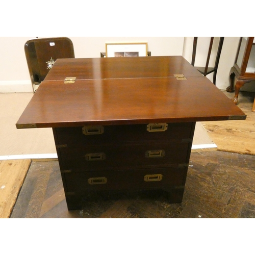 93 - A military style bachelors chest, fold over top,  fitted four drawers with recessed brass handles