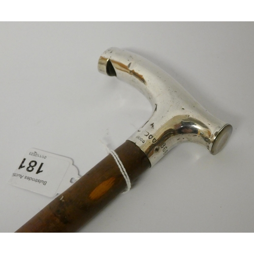 181 - A Brigg of London 1892 hallmarked silver whistle handled walking cane