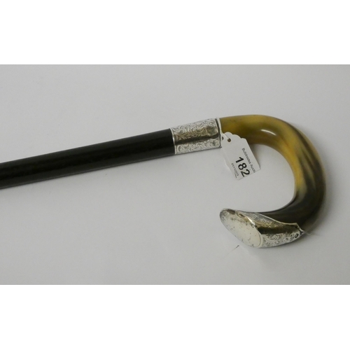 182 - A hallmarked silver and horn handled walking cane presented to the Royal Marines in October 1907